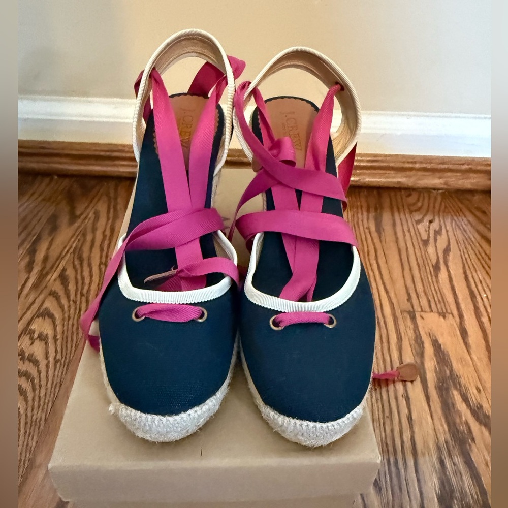 J. Crew Carolyn Navy Espadrilles with Fuchsia ankle ties